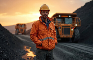 Copper mine worker stands in open pit mine. Industrial worker in orange jacket hard hat stands near mining truck. Engineer in safety gear supervises work at sunset. Heavy machinery at work in