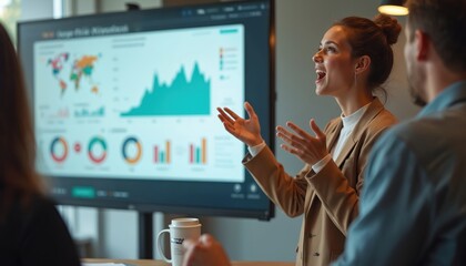 Young businesswoman startup founder presenting startup project pitch to investors in office. Female entrepreneur uses presentation slides, gestures to show business model. People discuss new tech