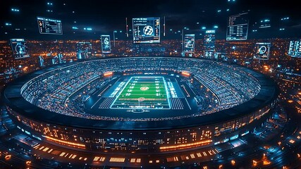 Futuristic stadium illuminated at night, featuring digital displays and a vibrant crowd atmosphere