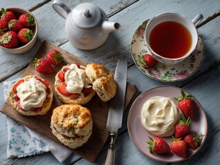 Delicious scones with strawberries and cream on kitchen table