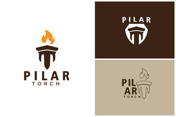Simple  Pillar logo with Torch symbol, Historic column pillar vector design template illustration