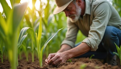 Farmer examines young corn sprouts in field. Male agronomist checks growth of maize plants in springtime. Agricultural worker in hat, checking sprouts growth at farmland. Harvest season.
