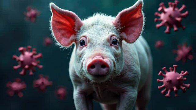 Pig surrounded by virus particles, symbolizing the transmission of zoonotic diseases, viral threats in livestock farming. Swine flu virus. African swine fever virus ASFV