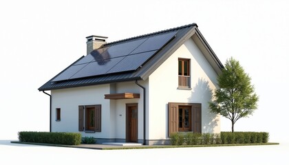 Modern house with solar panels on roof. Energy efficient residential building with solar cells. Eco-friendly home, green technology, renewable energy, sustainable lifestyle. Real estate investment,