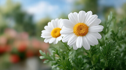 Fototapeta premium A beautiful close-up of fresh daisies in bloom, showcasing their vibrant white petals and sunny yellow centers against a blurred background.