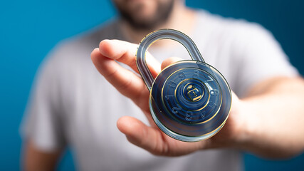 Hand holding a digital padlock, symbolizing data protection and online security.  Cybersecurity,...