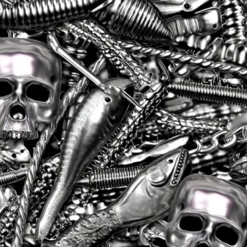 Calavera y piezas met&aacute;licas en escala de grises