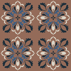 Seamless vintage damask floral tile design in blue and earthy tones, perfect for textile prints and home decor.