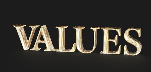 3D rendered gold text spelling 'Values' on a black background. Ideal for business, finance, and...