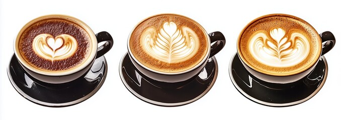 Different types of coffee drinks with latte art in white cups isolated on white background