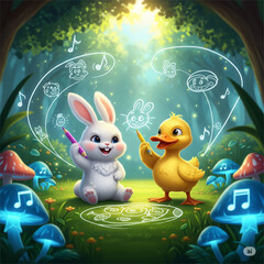 A bunny and duck draw magical doodles that float in the air, glowing softly in a meadow of singing mushrooms.