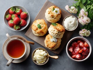 Elegant tea party setup with scones and strawberries indoors