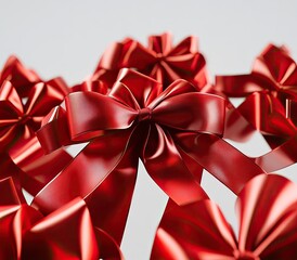 Close-up of multiple vibrant red bows.  Detailed glossy ribbon, festive presentation