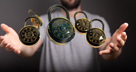 Image of multiple combination locks floating, symbolizing data security and protection.