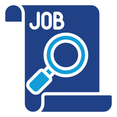 Job Search - Glyph Dual Tone Blue Fill Icon - Job listing scroll with magnifying glass, representing employment search and job hunting tools