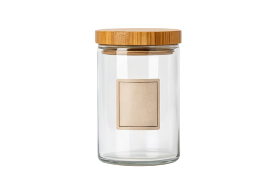 Glass jar with a wooden lid and a blank label for customization., reusable container