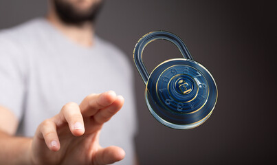Secure your data.  Image depicts a person interacting with a digital combination lock, symbolizing...