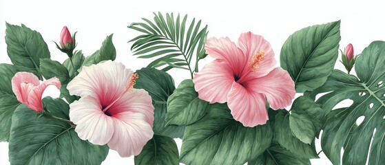 Fototapeta premium Vibrant hibiscus flowers in tropical garden botanical art nature