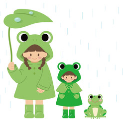 rainy season illustration with friends wearing frog raincoat and frog