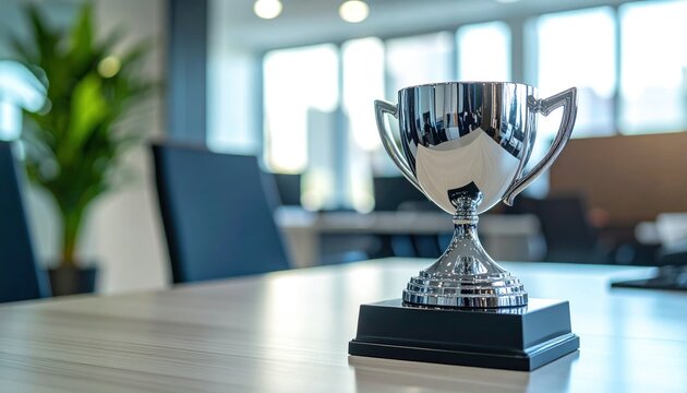 Silver trophy sits center on a white conference table, office background