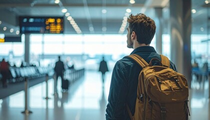 Fototapeta premium Back view of man with backpack in bright airport, looking onward