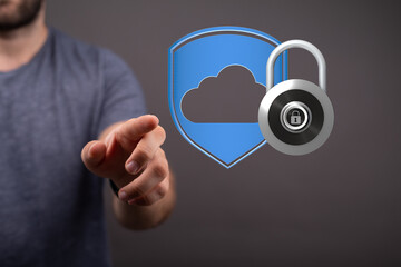 Image depicts secure cloud data, symbolized by a lock and shield graphic. Ideal for cybersecurity,...