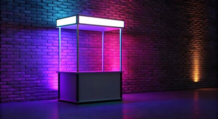 Modern Illuminated Stand Display with Vibrant Neon Lighting Set Against a Glowing Brick Wall Backdrop.