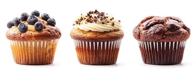 Three assorted muffins with chocolate isolated on white background
