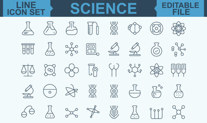 Science Line Icon Set Featuring Editable Stroke Vector Symbols for Physics, Chemistry, Biology, Laboratory Research, and Educational Concepts