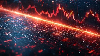 Dynamic digital interface with futuristic data visualization and glowing red neon patterns - Powered by Adobe