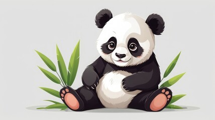 Fototapeta premium Flat Vector Cute Panda Sitting with Bamboo