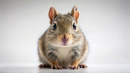 Fototapeta premium A Close-Up Portrait of a Small Rodent with Dark Eyes and Whiskers, Sitting on a Plain White Background
