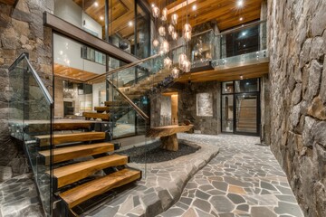 Stone-walled foyer with floating stairs, glass railings, wood accents, and contemporary lighting