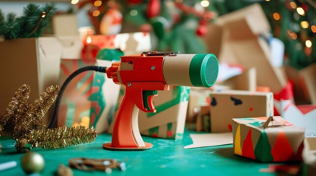 Cardboard paint sprayer in a holiday workshop spraying vibrant red and green paint on cardboard ornaments surrounded by festive Christmas decorations and holiday themed patterns