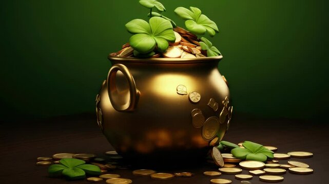 Golden cauldron overflowing with coins and clover on wooden table