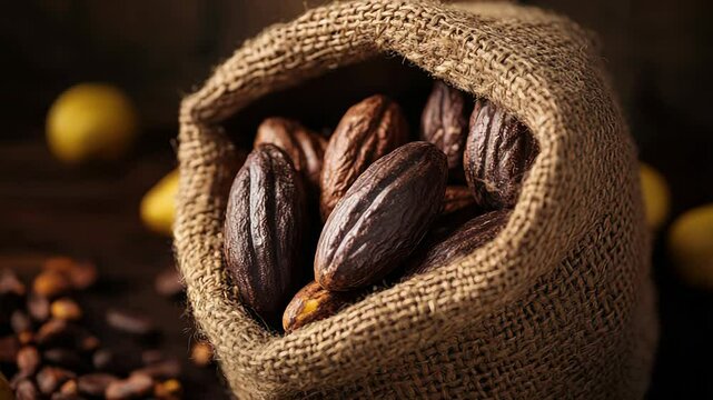 Burlap sack of cacao beans with coffee in rustic kitchen setting