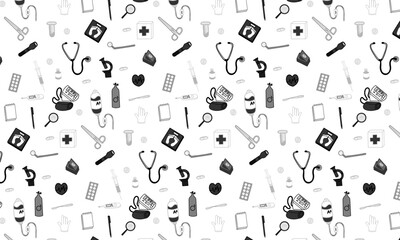 Seamless pattern of monochrome medical equipment on white background. Ideal for healthcare, packaging, textiles, and digital use.
