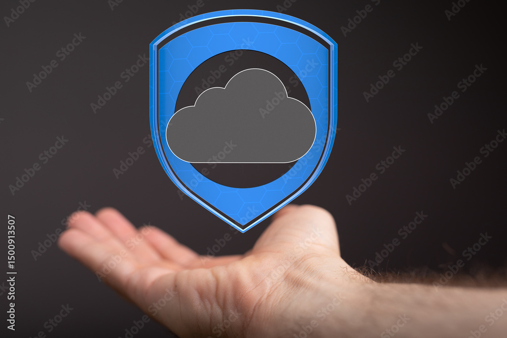 Poster Image of a hand holding a digital shield with a cloud, symbolizing secure cloud data protection.