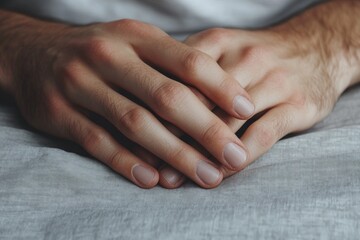 Close-up of man&rsquo;s groomed hands crossed over fabric surface