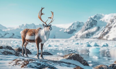 Wild arctic reindeer standing alert on icy rocks with glaciers and mountains behind