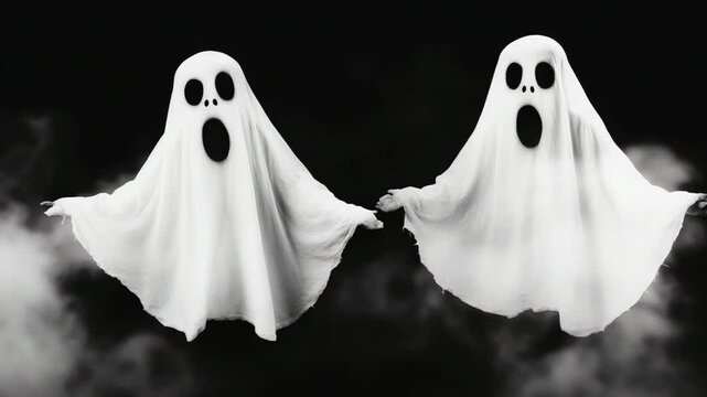Three ghosts hovering in misty atmosphere with eerie expressions and fluid motion