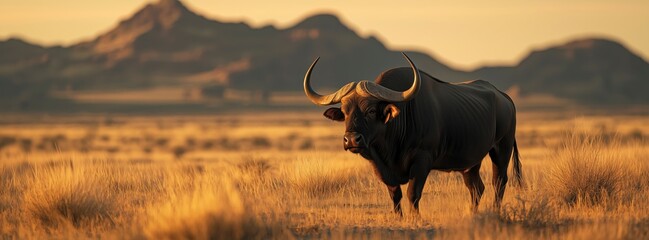 African buffalo at golden sunset standing under tree in warm savanna grassland light