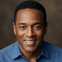 Obraz premium Photo Portrait Of A Smiling Black Man Wearing Blue Shirt With Brown Background