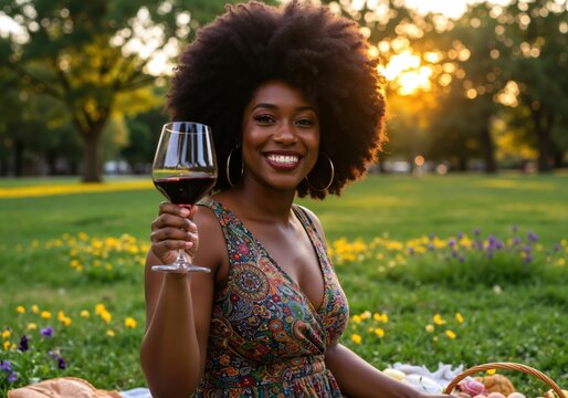 Smiling african american woman holding glass with red wine at picnic celebrating national wine day, enjoying summer vacation with basket in park at sunset