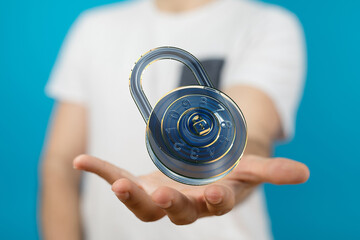 Image of a digital combination lock hovering above a hand, symbolizing data security and online...