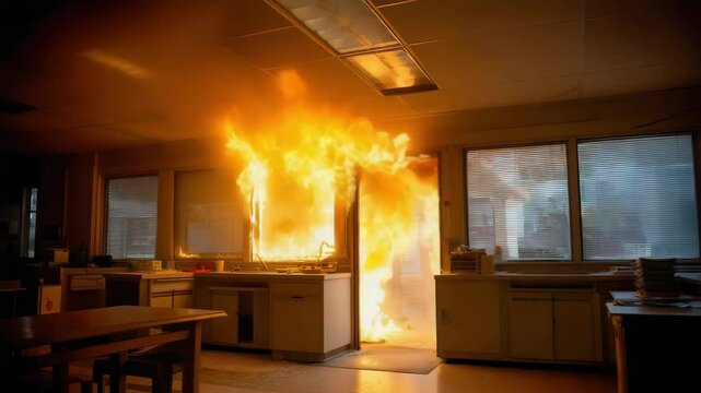 A fire engulfs a room in a building, spreading rapidly with intense flames and smoke, causing severe damage and danger.