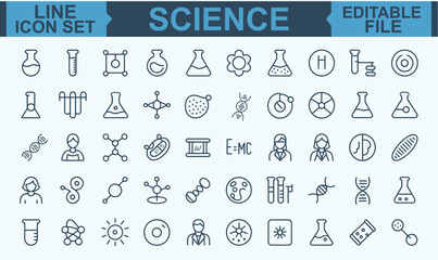 Science Line Icon Set Featuring Editable Stroke Vector Symbols for Physics, Chemistry, Biology, Laboratory Research, and Educational Concepts