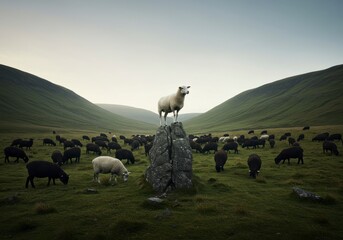 Naklejka premium Solitary White Sheep Stands Guard Over a Flock of Black Sheep