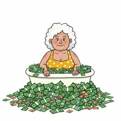 Elderly woman in bathtub of money