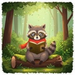 Raccoon reading in a forest